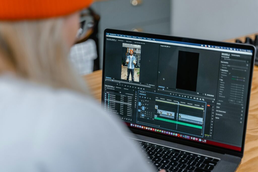 Close-up of video editing software on laptop, focused on timeline.